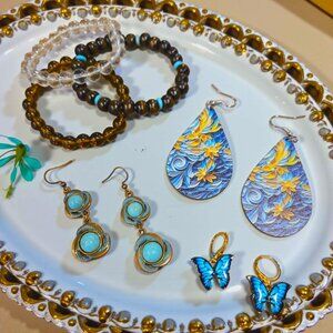 Blue Teal Tones Butterfly Earring And Bracelet Set